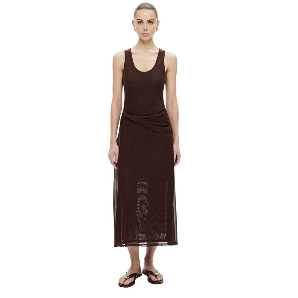 Witchery Brown Mesh Twist Ruched Tank Midi Dress XS Sleeveless Sheer Lined